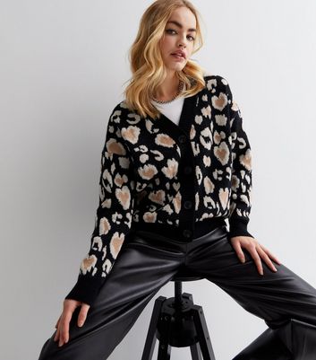 Black Leopard Heart Print Knit Button Front Cardigan | New Look