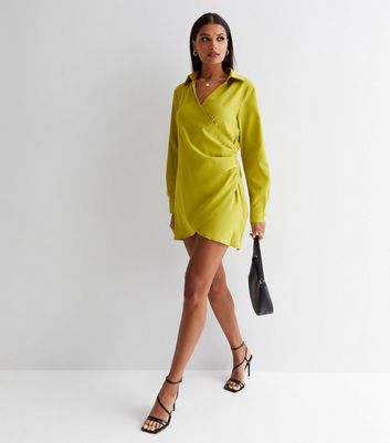 Public Desire Light Green Satin Collared Long Sleeve Mini Wrap Dress New Look