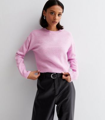 Mid Pink Fine Knit Crew Neck Long Sleeve Crop Jumper New Look