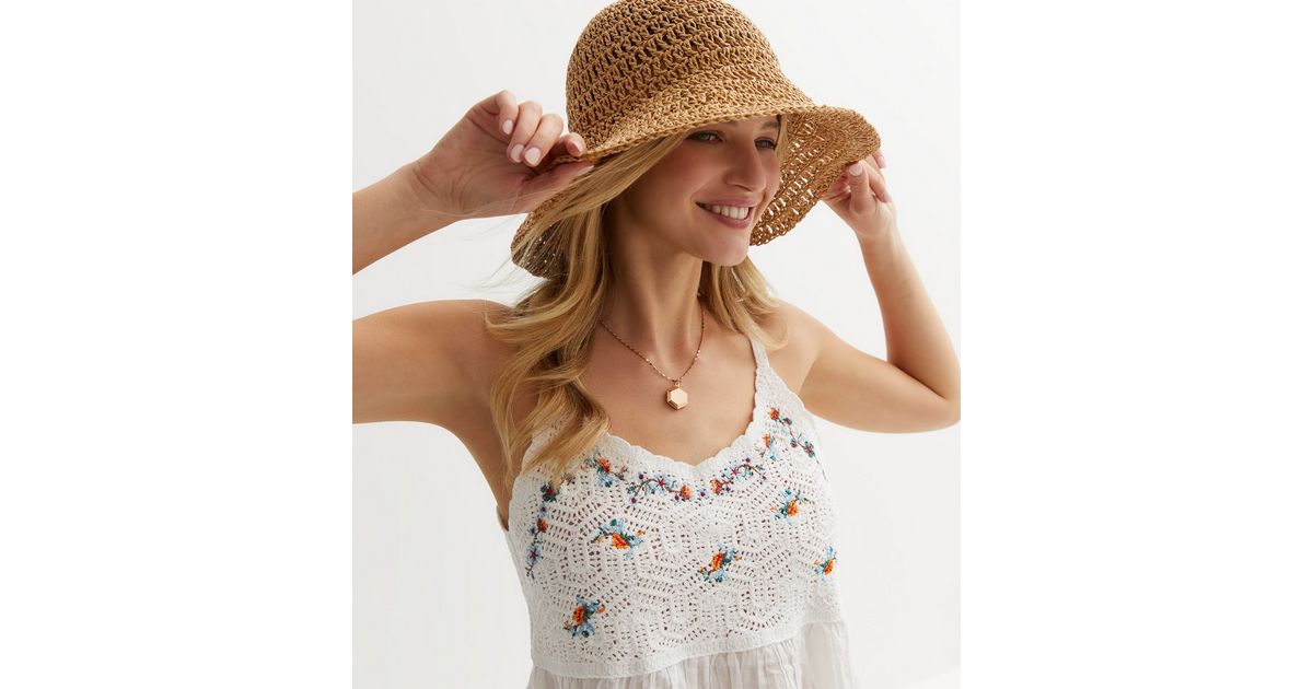 Tan Straw Effect Crochet Bucket Hat New Look