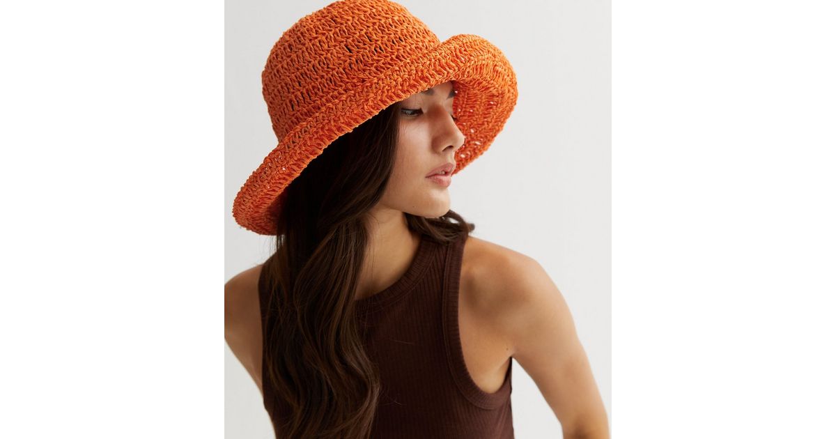 Bright Orange Straw Effect Crochet Bucket Hat New Look