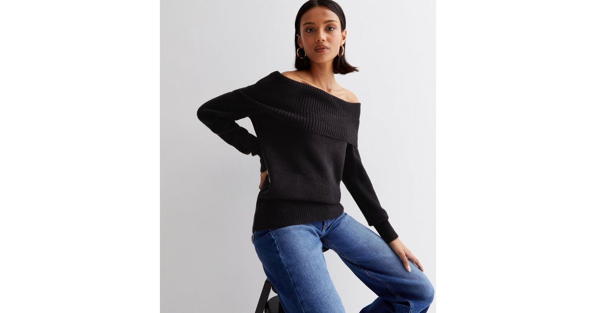 Black Knit Bardot Long Sleeve Jumper New Look