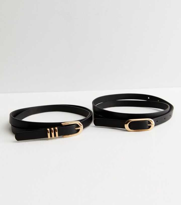 2 Pack Black Leather-Look Skinny Buckle Belts