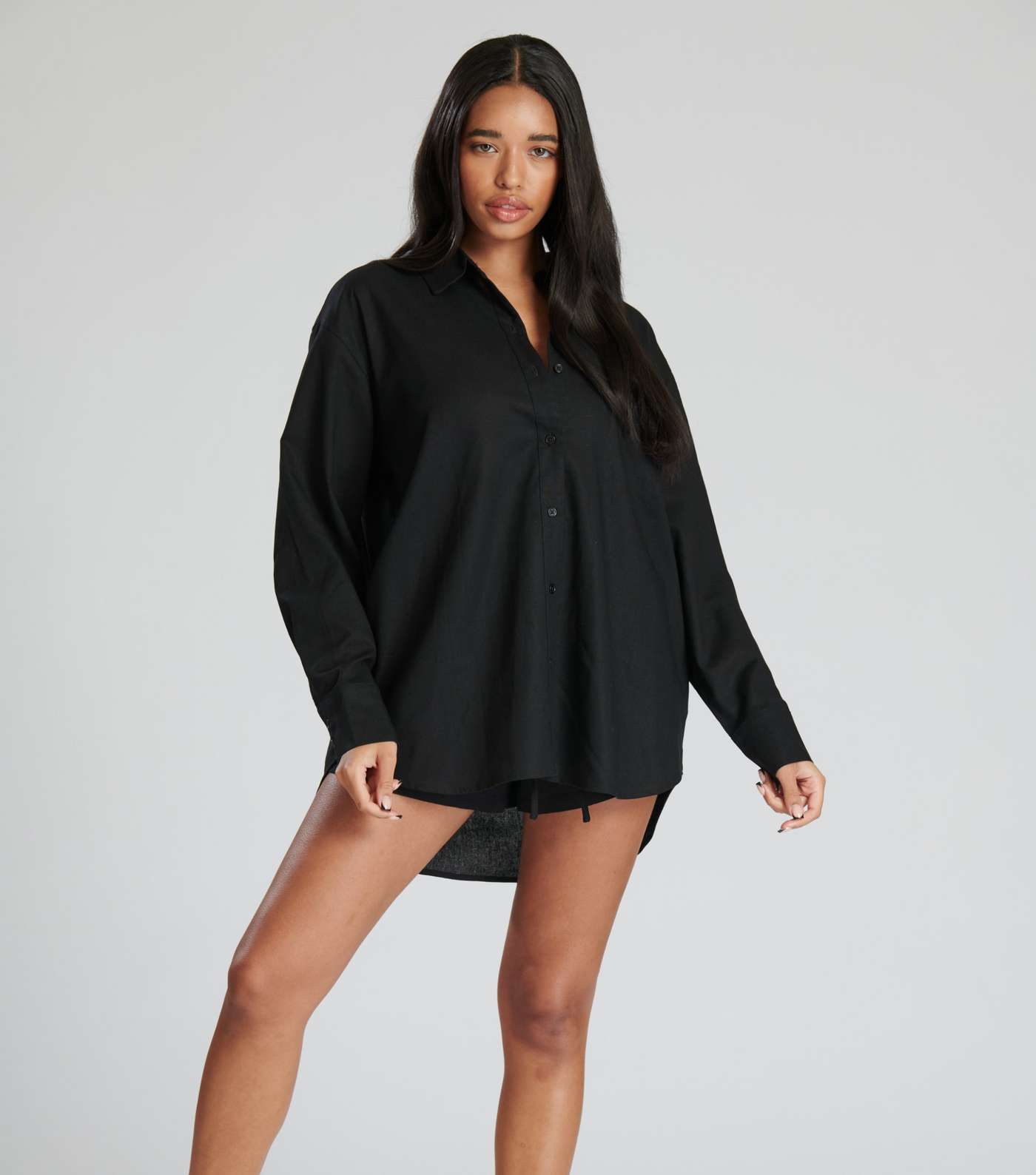 South Beach Black Linen-Look Oversized Shirt Image 2