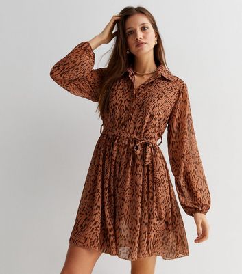 Parisian Brown Animal Print Long Sleeve Mini Shirt Dress