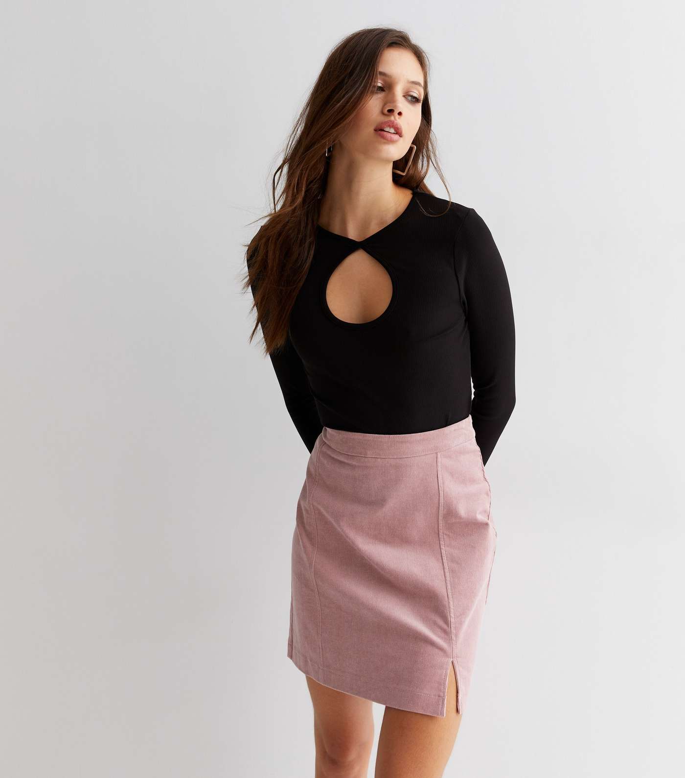 Mid Pink Cord Split Hem Mini Skirt Image 2