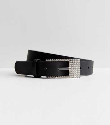 Black Leather-Look Diamanté Buckle Belt