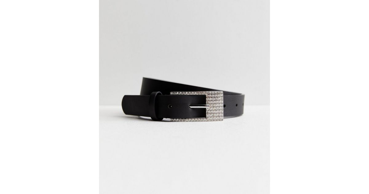 Black Leather-Look Diamanté Buckle Belt | New Look