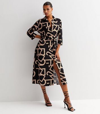 Parisian Black Letter Print 3/4 Sleeve Midi Shirt Dress | New Look