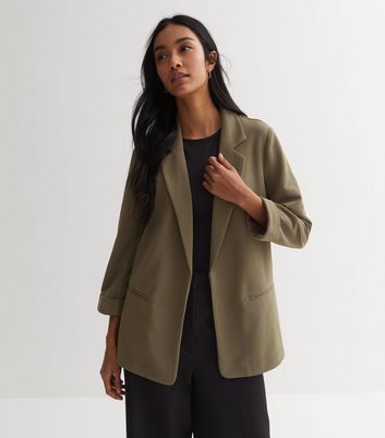 Khaki Revere Collar 3/4 Sleeve Blazer