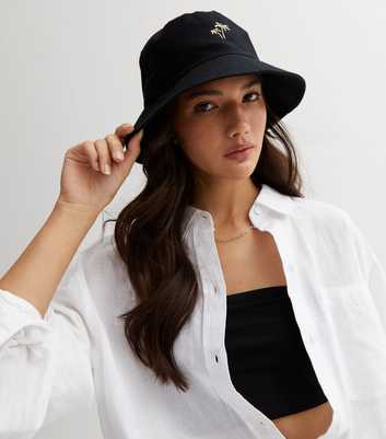 Black Embroidered Palm Tree Bucket Hat