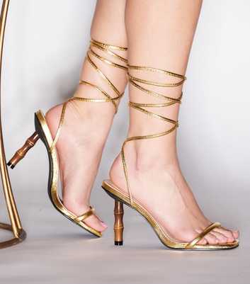 South Beach Gold Tie Faux Bamboo Heel Sandals