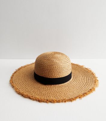 Tan Straw Effect Frayed Floppy Hat