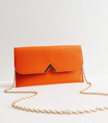 Bright Orange Leather-Look Chain Strap Clutch Bag