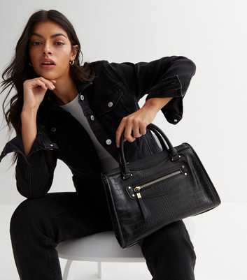 Black Faux Croc Cross Body Midi Tote Bag