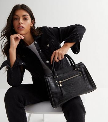 Black Faux Croc Cross Body Midi Tote Bag New Look