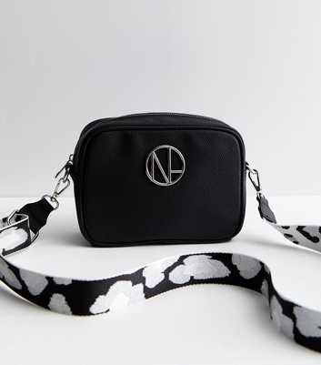Black Leather-Look NL Logo Webbed Shoulder Strap Cross Body Bag