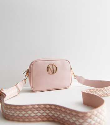 Pale Pink Leather-Look NL Logo Webbed Shoulder Strap Cross Body Bag