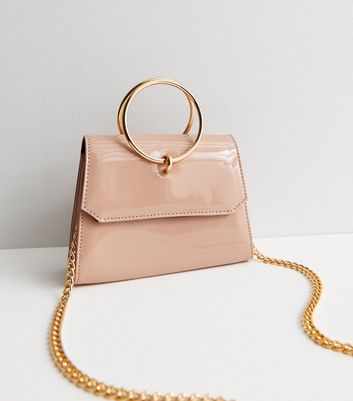 Pale Pink Patent Ring Chain Clutch Bag New Look