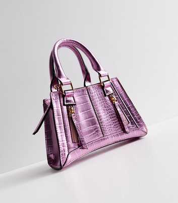 Mid Pink Metallic Faux Croc Snake Zip Cross Body Bag