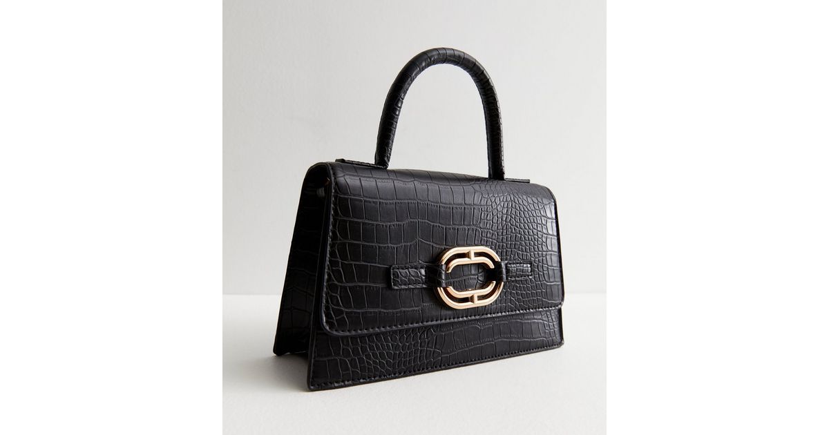 Black Faux Croc Top Handle Cross Body Bag New Look