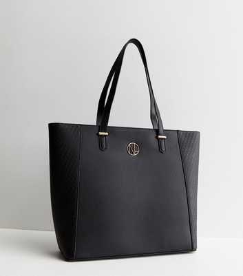 Black Leather-Look Embossed Logo Tote Bag