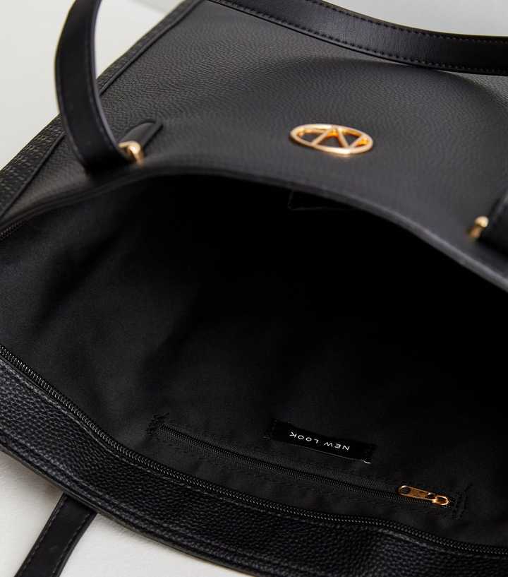 Black Leather-Look Zip Front Tote Bag