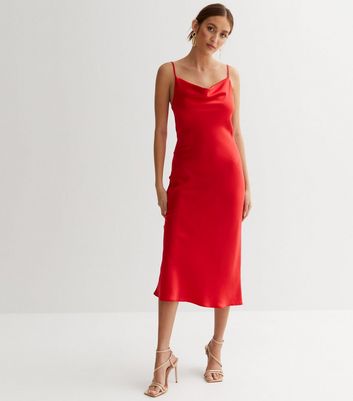 Red Satin Cowl Neck Midi Slip Dress