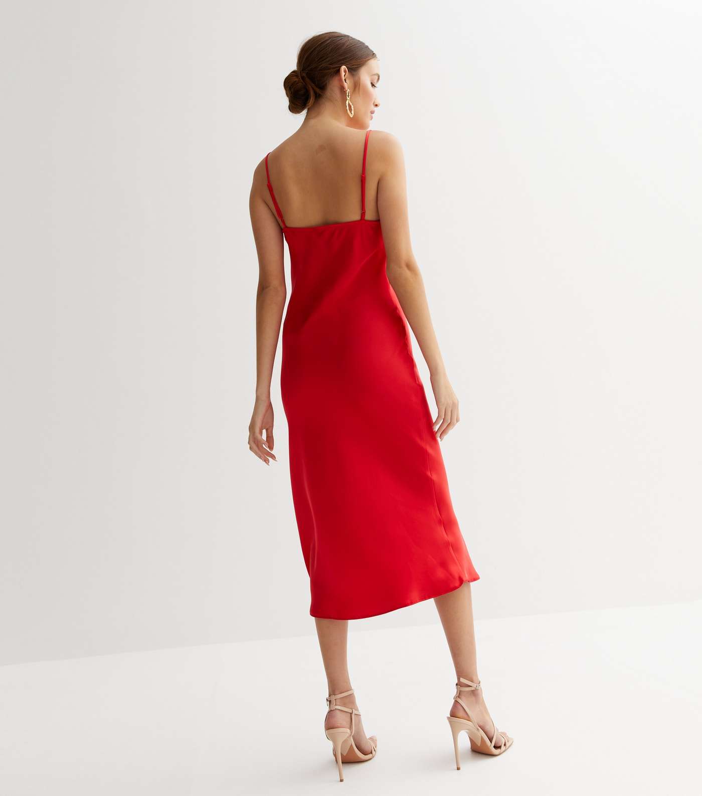 Red Satin Cowl Neck Midi Slip Dress Image 4