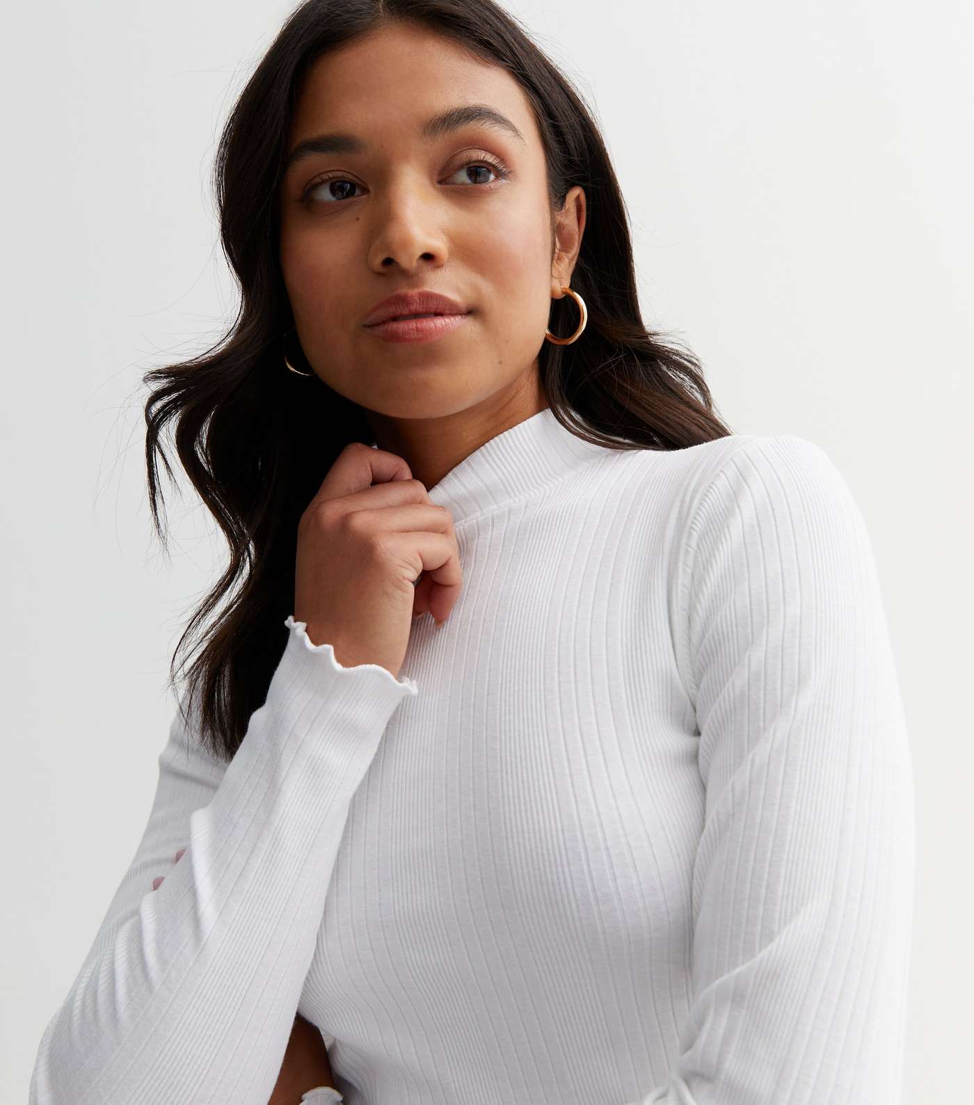 Petite White Ribbed Frill High Neck Long Sleeve Top Image 3