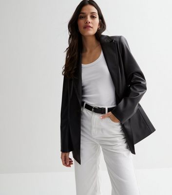Black Leather-Look Button Front Blazer