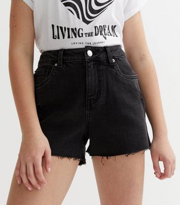 Girls Black High Waist Frayed Denim Mom Shorts New Look