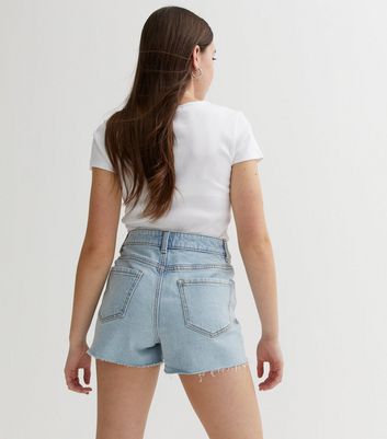 Girls Pale Blue High Waist Frayed Denim Mom Shorts New Look