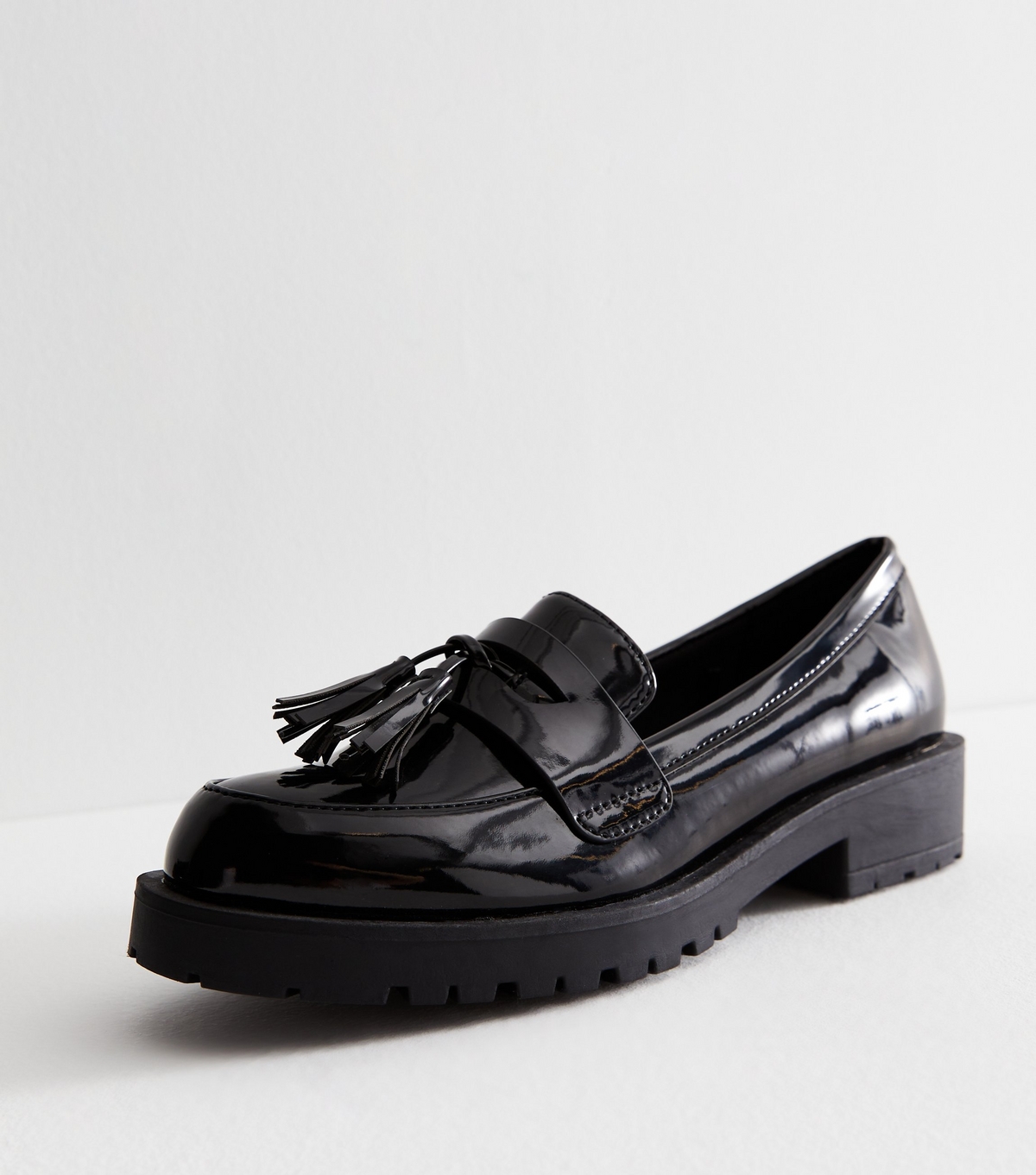 Women's Black Patent Tassel Chunky Loafers Vegan New Look