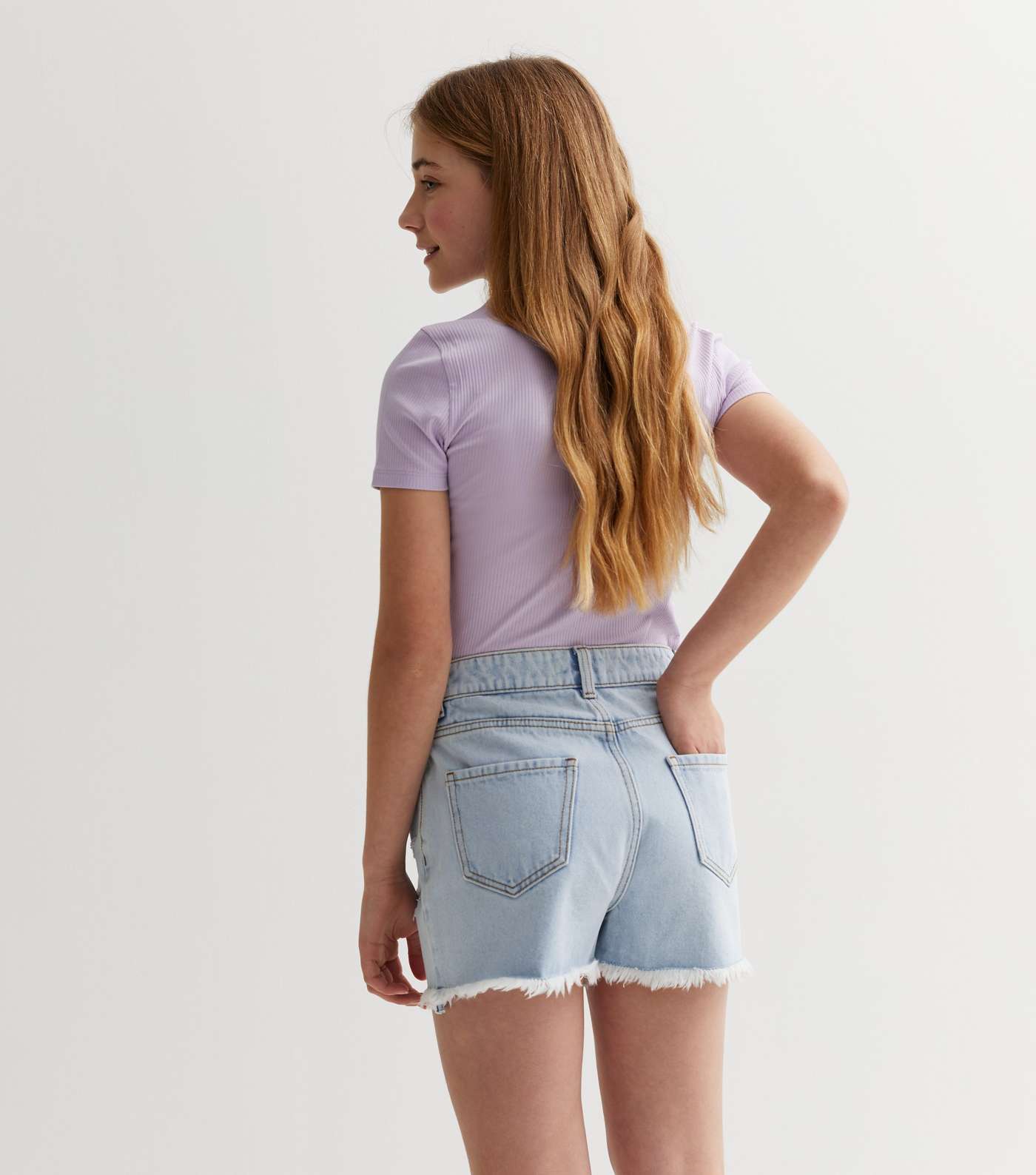 Girls Pale Blue Cotton Denim High Waist Frayed Hem Shorts Image 4