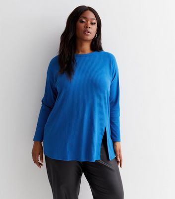 Curves Bright Blue Ribbed Jersey Split Side Long Hem Top | New Look