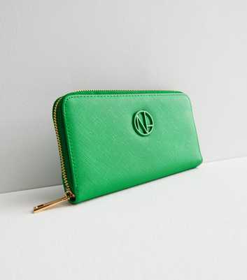 Green Leather-Look Textured Large Zip Purse