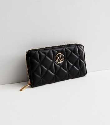 Black Quilted Leather-Look Large Zip Purse