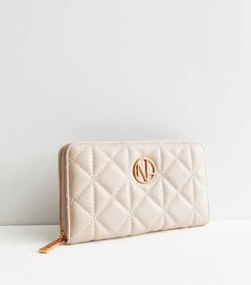 Cream Quilted Leather-Look Large Zip Purse