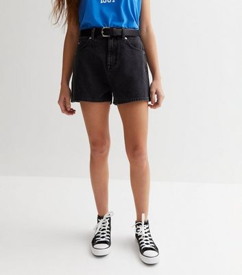 Girls Black Denim Belted Mom Shorts New Look