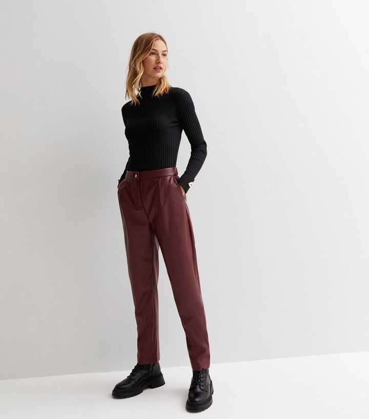 ONLY Dark Leather-Look High Waist Trousers | New Look