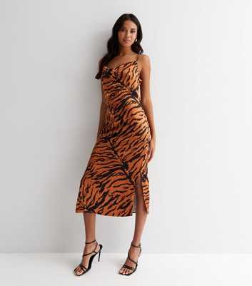 ONLY Rust Tiger Print Satin Midi Slip Dress