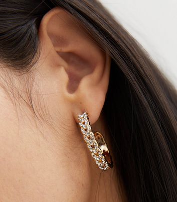 Gold Diamante Embellished Chain Midi Hoop Earrings New Look