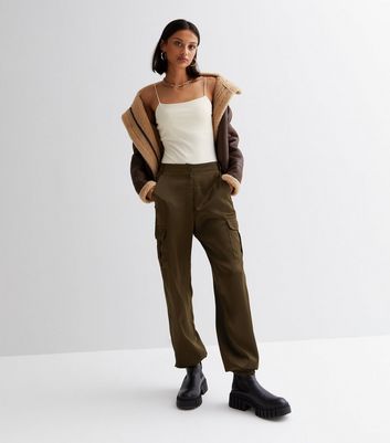 Cameo Rose Khaki Satin Cuffed Cargo Trousers