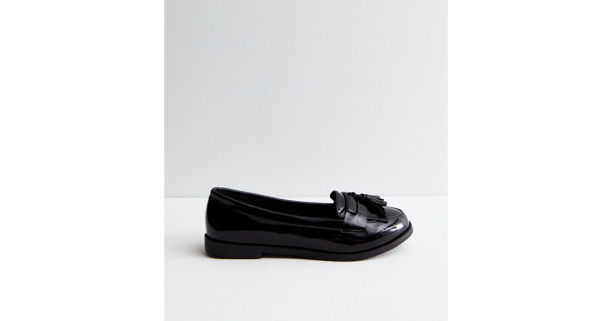 Wide Fit Black Patent Tassel Trim Loafers New Look