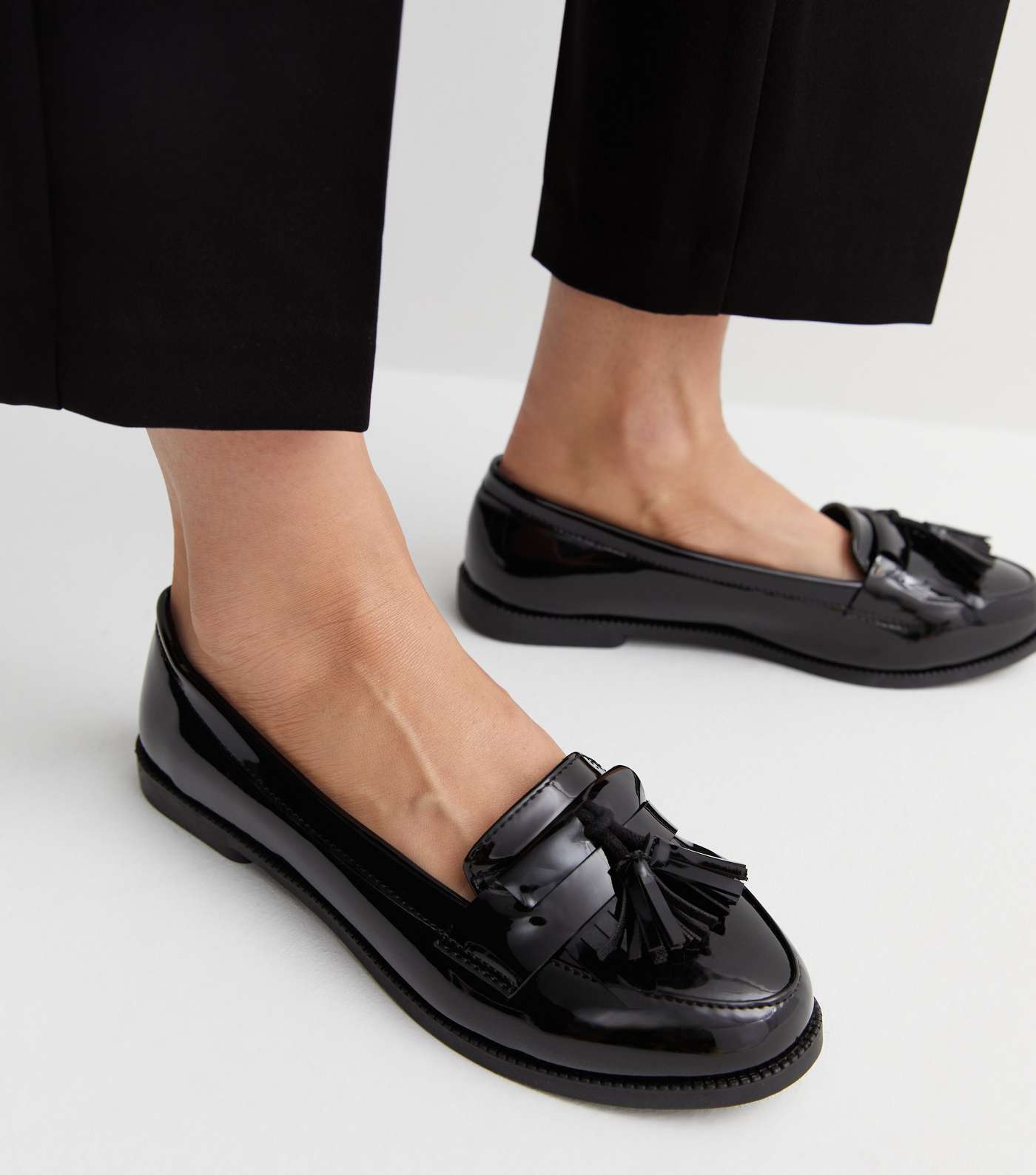 Wide Fit Black Patent Tassel Trim Loafers Image 2