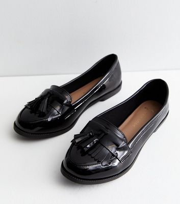Wide Fit Black Patent Tassel Trim Loafers New Look Vegan
