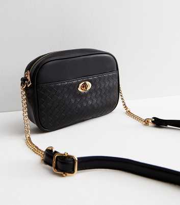Black Leather-Look Embossed Chain Cross Body Bag