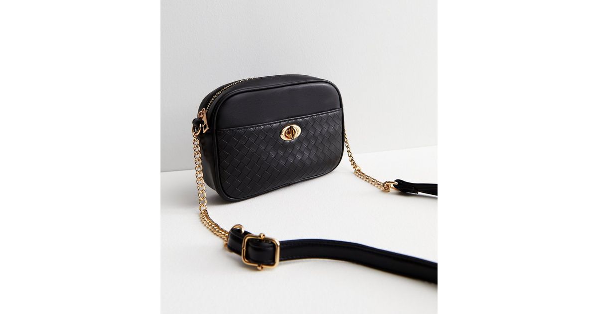 Glossy Chain Leather Crossbody Bag - Black