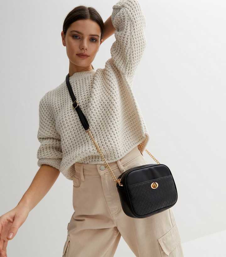 Black Leather-Look Embossed Chain Cross Body Bag